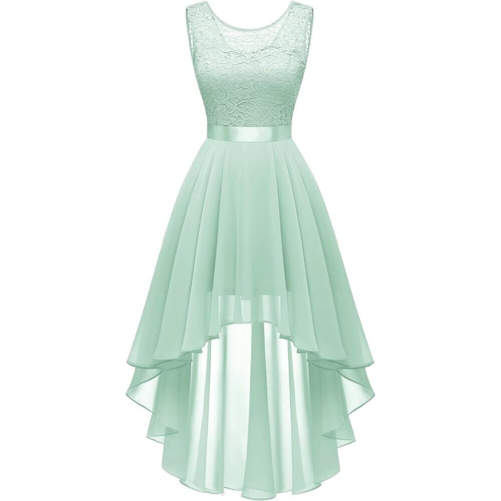 BeryLove Women Light Green Chiffon Scoop Neck Sleeveless Lace Cocktail Dress